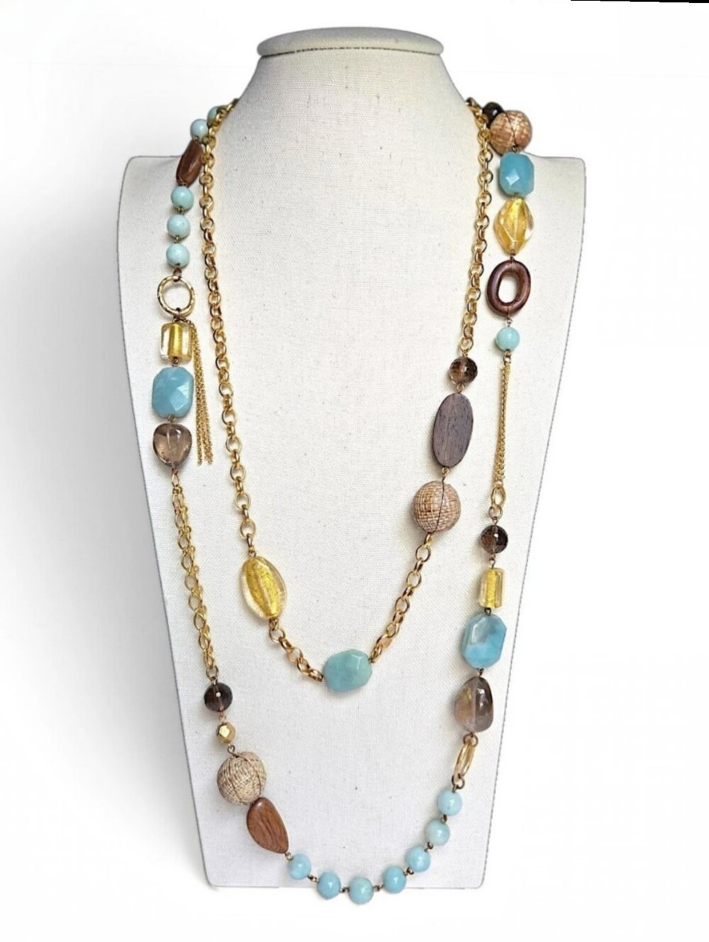 W/A Studios Mixed Media Layered Necklace Amazonite Smoky Quartz Wood Glass 29"